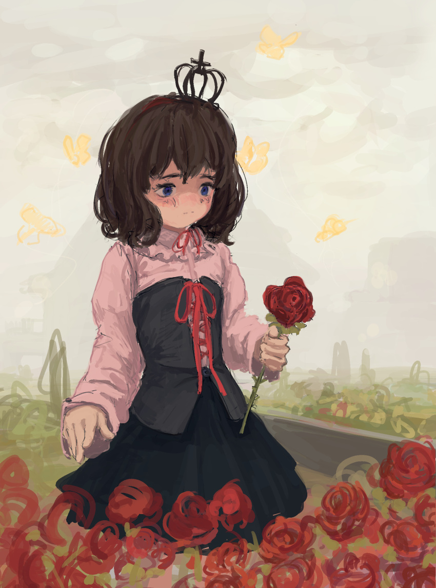 1girl, black_skirt, blue_eyes, brown_hair, bug, butterfly, corset, crown, dress, e1ainma, elainma, flower, highres, holding, holding_flower, long_sleeves, red_ribbon, ribbon, rose, sad, shirt, skirt, solo, standing, umineko_no_naku_koro_ni, ushiromiya_maria