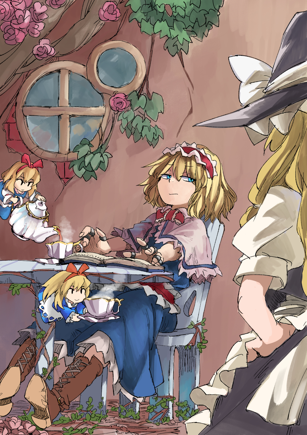 4girls, alice_margatroid, apron, blonde_hair, blue_dress, blue_eyes, chair, cup, dress, hairband, hat, highres, kirisame_marisa, long_hair, multiple_girls, red_hairband, red_ribbon, ribbon, rightorisamraido3, shanghai_doll, short_hair, sitting, table, teacup, teapot, touhou, white_apron, window, witch_hat