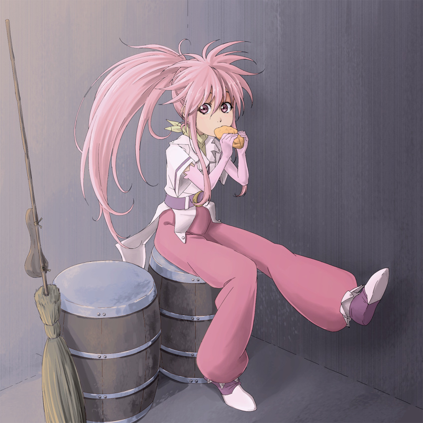 1girl, arche_klein, barrel, belt, broom, eating, elbow_gloves, food