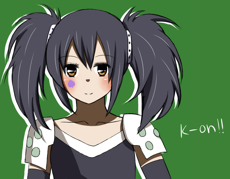 death_devil, k-on!, momono_fude, nakano_azusa, pauldrons, punk, shoulder_armor, smile, solo, title_drop, twintails