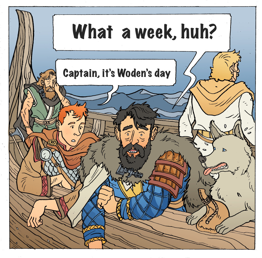 4boys, armor, beard, black_hair, blonde_hair, border, captain_archibald_haddock, dog