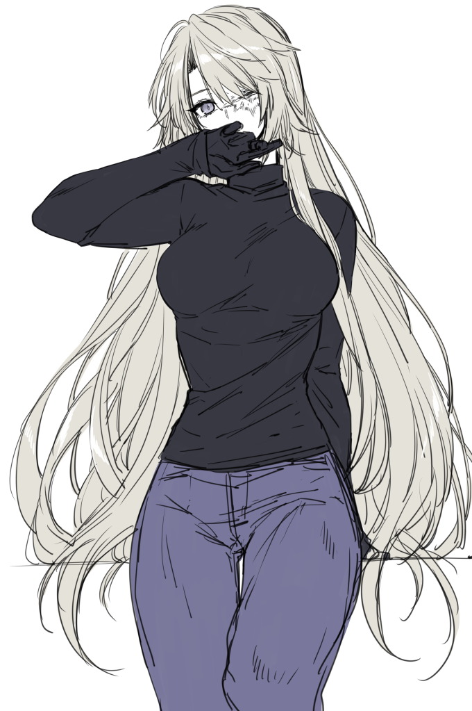 blue_eyes, breasts, burn_scar, denim, gloves, hair_over_one_eye, jeans, large_breasts