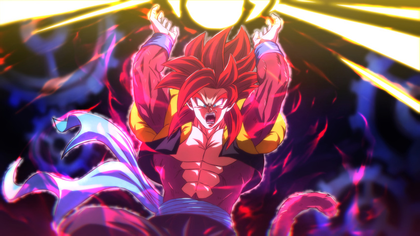 1boy, arms_up, aura, black_pants, blue_eyes, blue_sash, body_fur, dragon_ball