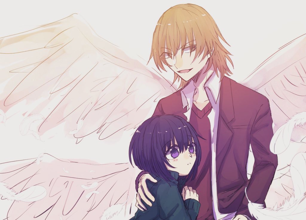 1boy, 1girl, age_difference, angel, angel_wings, arm_around_shoulder, arm_at_side, black_hair