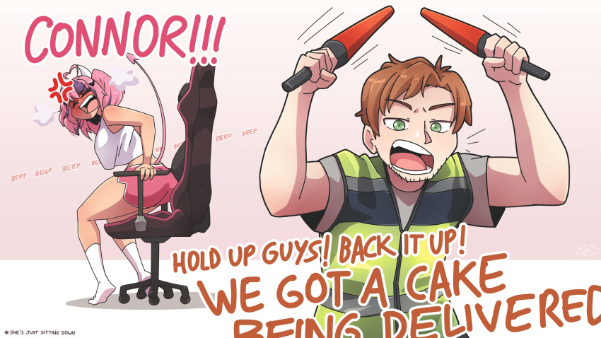 1boy, 1girl, ahoge, anger_vein, angry, blush, brown_hair, cdawgva