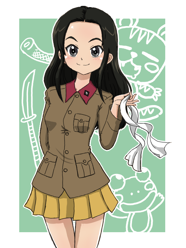 1girl, alternate_hairstyle, arm_behind_back, black_eyes, black_hair, brown_jacket, chi-hatan_military_uniform, closed_mouth