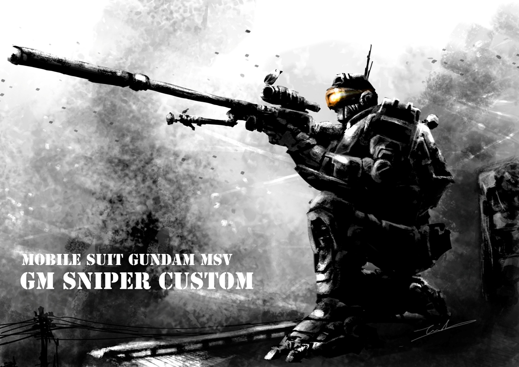 aiming, beam_rifle, building, cable, character_name, damaged, debris, dirty, energy_gun, english_commentary, english_text, gm_sniper_custom, gundam, gundam_msv, kneeling, radio_antenna, realistic, redesign, science_fiction, scope, signature, smoke, sniper, taka-f, weapon, window