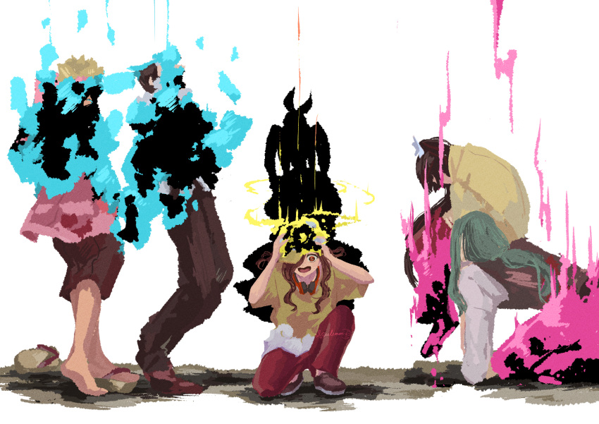 3boys, 3girls, aged_down, all_fours, artist_name, barefoot, baseball_cap, bent_over