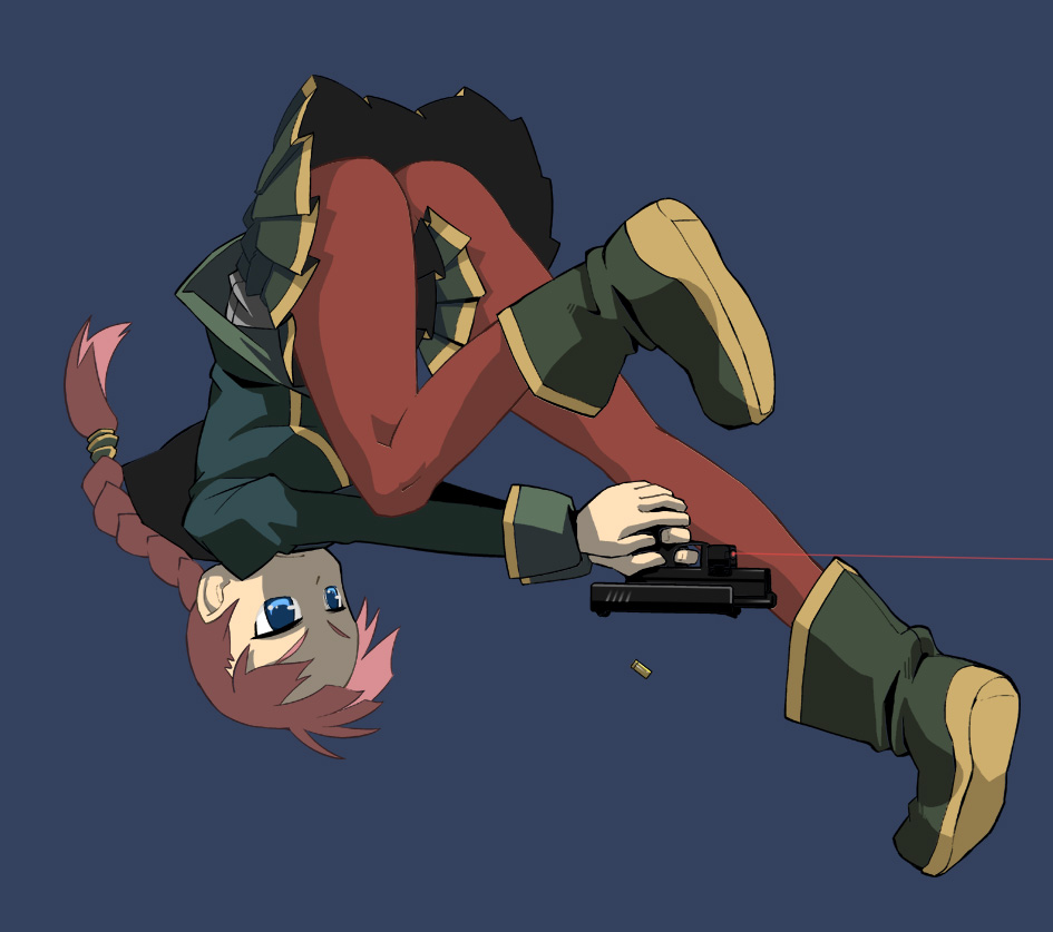 blue_eyes, boots, braid, gun, handgun, pantyhose, pistol, red_hair, redhead, school_uniform, single_braid, single_braids, skirt, tonpu, weapon