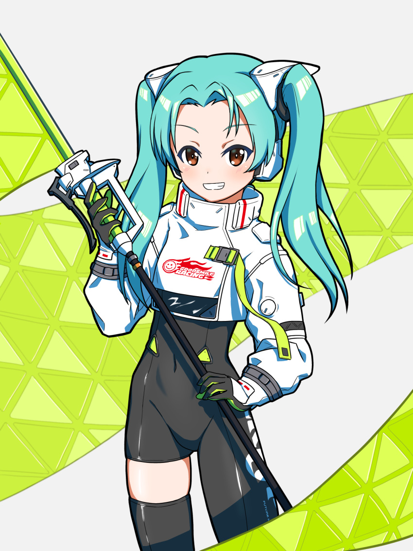 1girl, aqua_hair, black_bodysuit, black_gloves, bodysuit, commentary, cosplay, covered_navel
