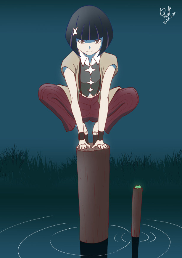 1girl, all_fours, artist_name, black_footwear, black_hair, black_shirt, black_wristband, blue_background