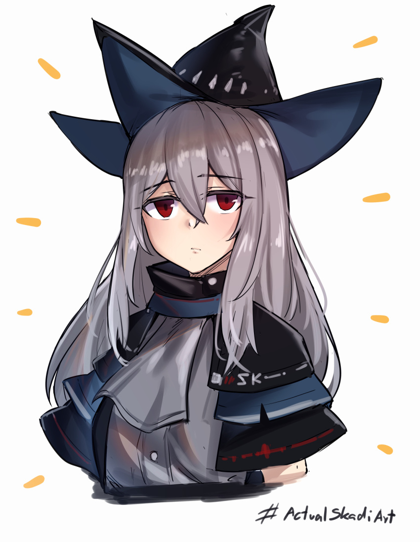 1girl, arknights, closed_mouth, expressionless, greenopi, grey_hair, hair_between_eyes, hat