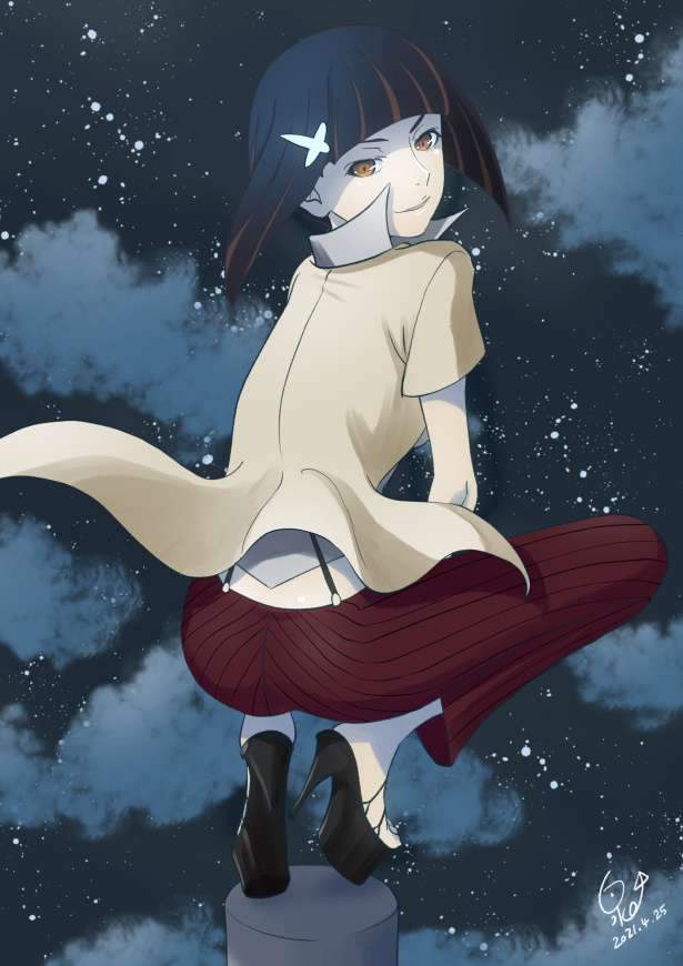 1girl, artist_name, ass, back_peek, black_footwear, black_hair, blunt_bangs, bob_cut, brown_eyes, brown_hair, brown_shirt, clouds, cloudy_sky, collared_shirt, commentary, dated, floating_clothes, floating_hair, from_behind, full_body, hair_ornament, hairclip, high_heels, huumoon, kagenui_yozuru, looking_at_viewer, looking_back, monogatari_(series), multicolored_hair, night, night_sky, on_top_of_pole, outdoors, pale_skin, pants, parted_lips, platform_footwear, pole, popped_collar, red_pants, shaded_face, shirt, shirttail, shoes, short_hair, short_sleeves, signature, sky, slit_pupils, smile, solo, squatting, star_(sky), starry_sky, streaked_hair, striped, striped_pants, tiptoes, toeless_footwear, toes, vertical-striped_pants, vertical_stripes, white_shirt, wind