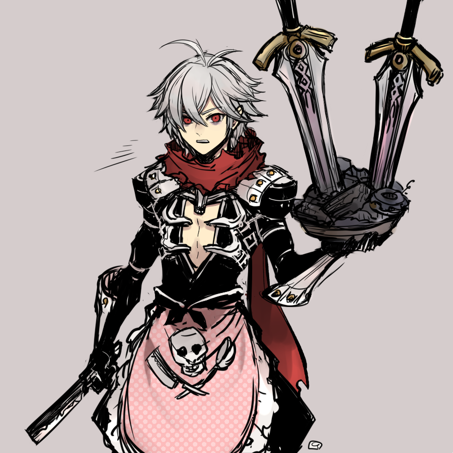 1boy, antenna_hair, apron, armor, assassin_cross_(ragnarok_online), bad_food, bags_under_eyes, black_cape