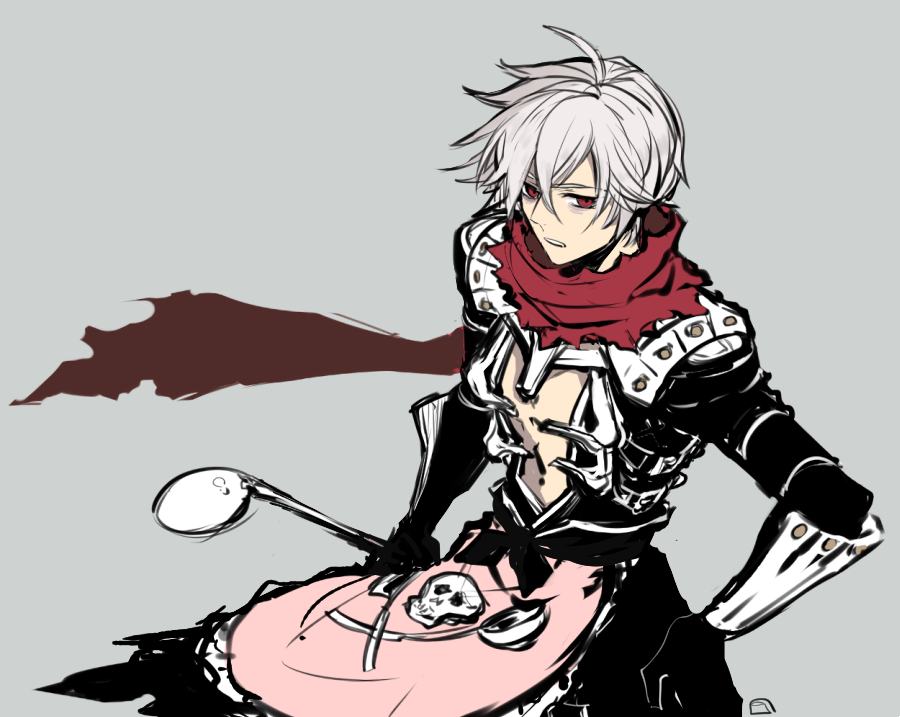 1boy, apron, armor, assassin_cross_(ragnarok_online), bags_under_eyes, black_cape, black_shirt, cape