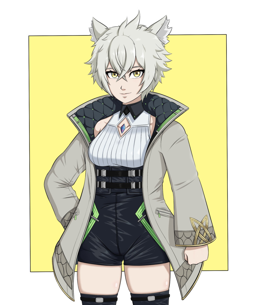 1girl, animal_ears, belt, cat_ears, cat_girl, clenched_hand, collar, crystal