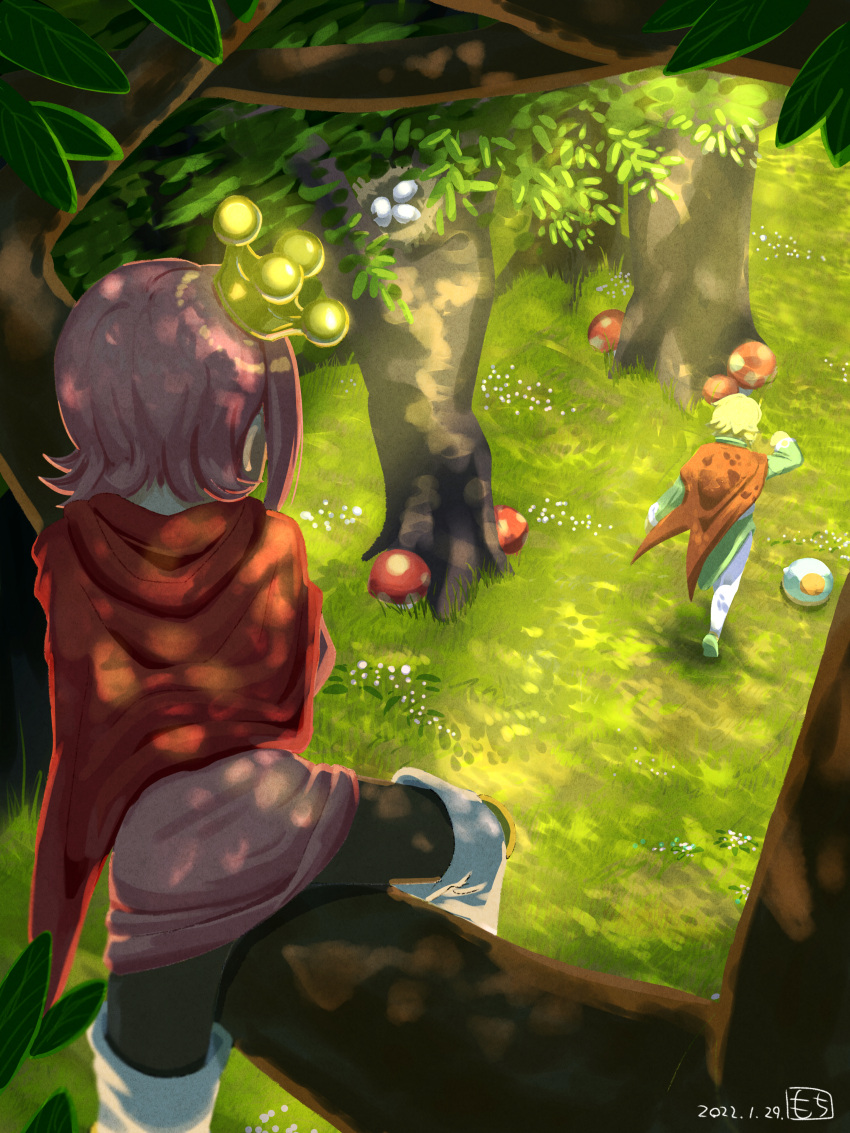 2boys, absurdres, bird_nest, blonde_hair, cape, crown, dappled_sunlight, dated