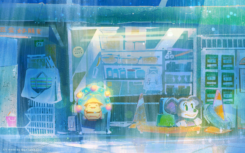 absurdres, awning, bag, cityscape, clip_studio_paint_(medium), commentary, english_commentary, gwagwagwa