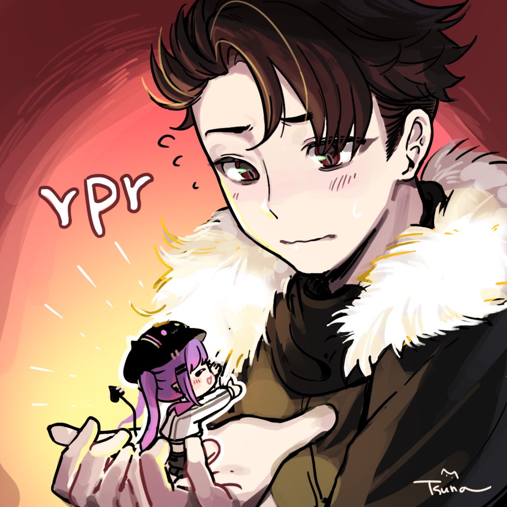 1boy, 1girl, bibi_(tokoyami_towa), black_hair, black_jacket, blush, demon_girl, demon_tail