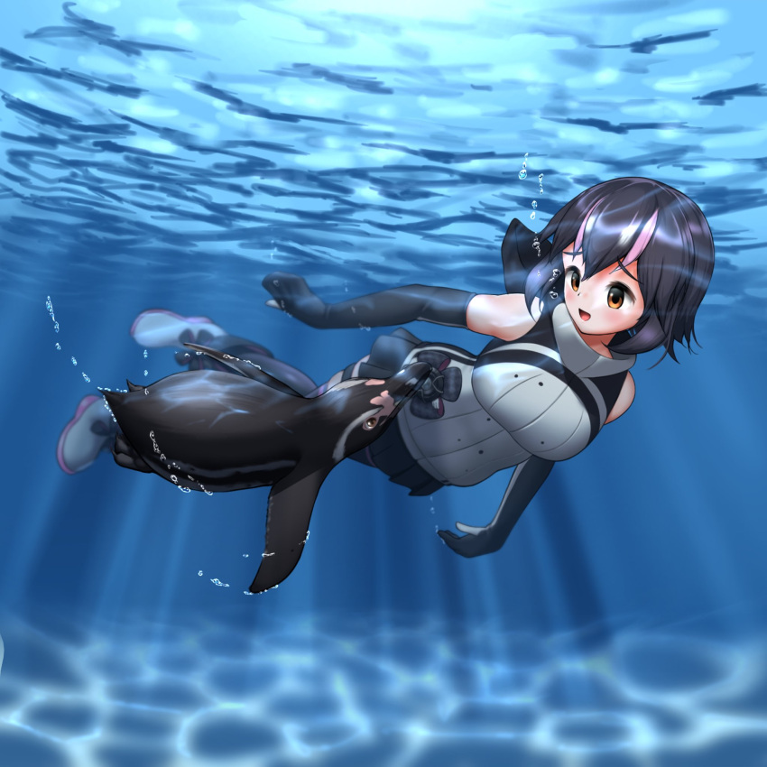 1girl, animal_hood, bare_shoulders, bird, black_hair, boots, elbow_gloves, gloves