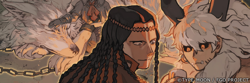 3boys, animal, artist_request, asterios_(fate), black_hair, black_sclera, braid, braided_ponytail