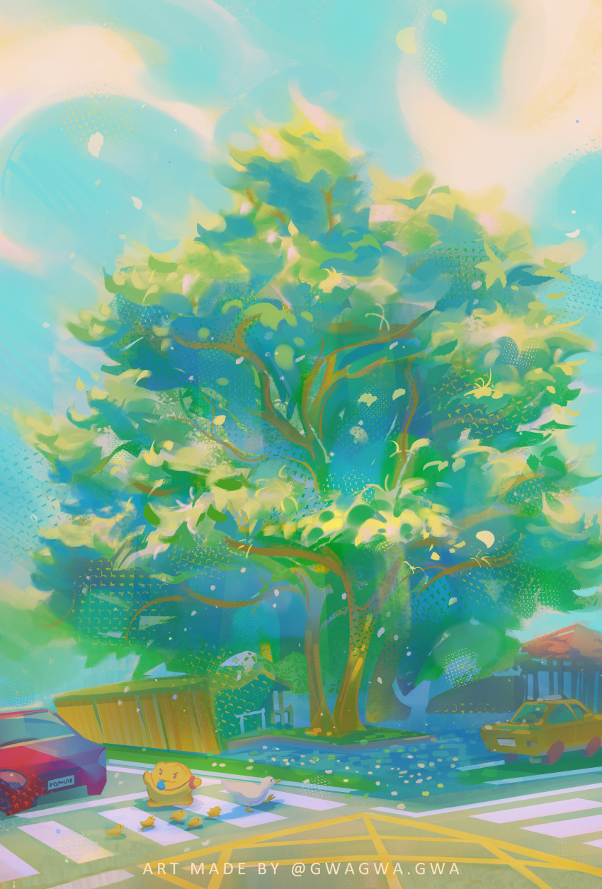 absurdres, bird, blue_sky, car, clip_studio_paint_(medium), clouds, commission, creature
