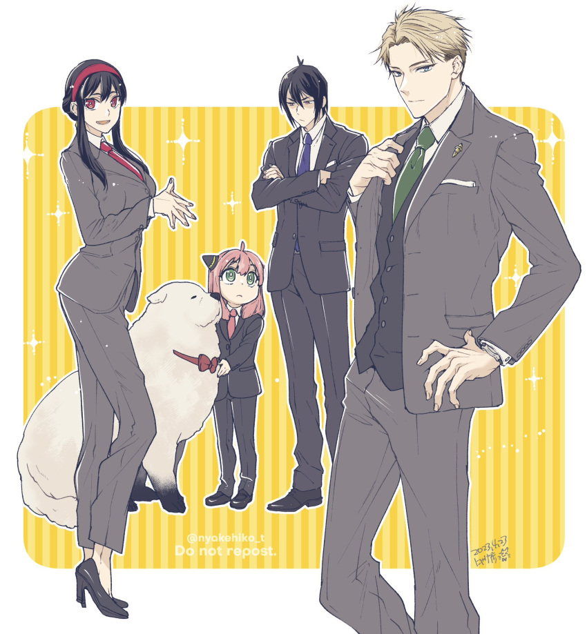 2boys, 2girls, animal, anya_(spy_x_family), black_footwear, black_hair, black_jacket, black_pants