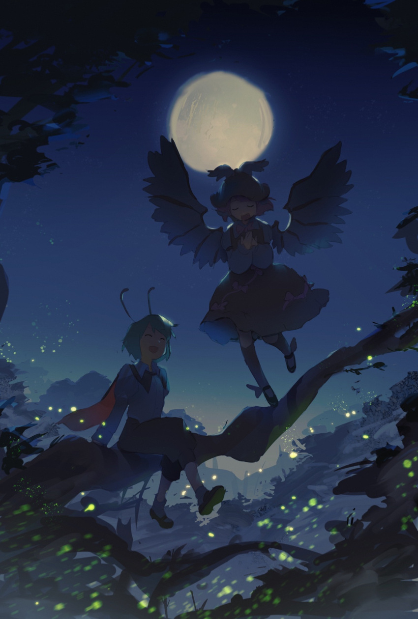 2girls, antennae, bird_wings, branch, cape, closed_eyes, fireflies, full_moon