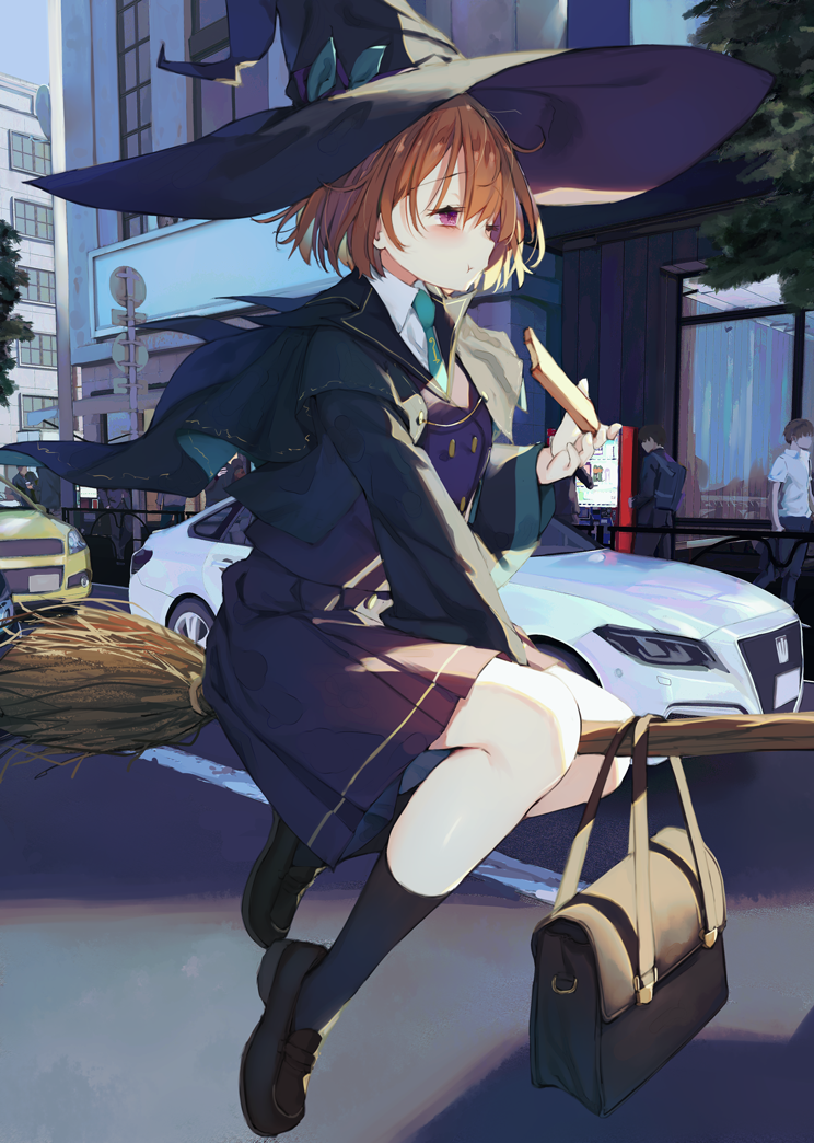 1girl, aqua_necktie, bag, between_legs, black_footwear, blush, broom, broom_riding