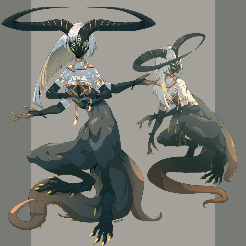1girl, absurdres, asymmetrical_hair, black_skin, blonde_hair, claws, colored_skin, digitigrade, english_commentary, extra_arms, fewer_digits, fingerless_gloves, fingernails, gloves, gradient_hair, grey_eyes, highres, horns, juniper_(artist), long_fingernails, looking_at_viewer, mask, monster_girl, multicolored_hair, original, sharp_fingernails, shrug_(clothing), tail, third_eye, two-tone_hair, white_hair
