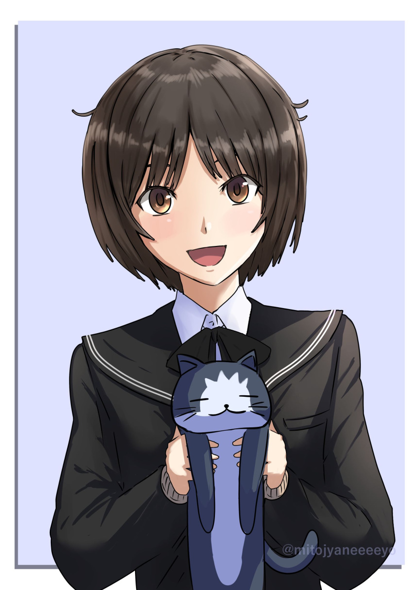 1girl, :d, absurdres, amagami, animal, artist_name, black_bow, black_bowtie