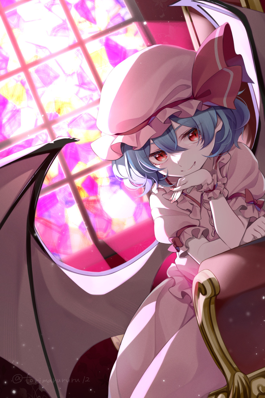 1girl, absurdres, bat_wings, blue_hair, closed_mouth, collared_shirt, fang, fingernails