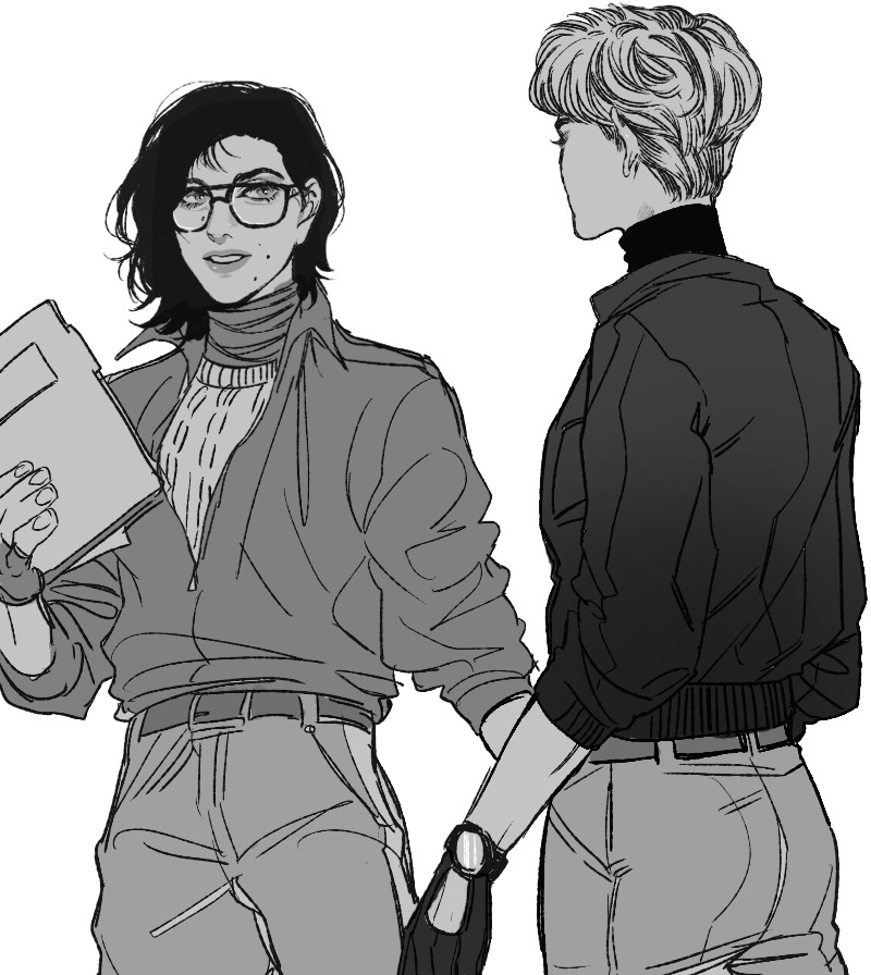 2girls, bell_(cold_war), belt, call_of_duty, call_of_duty:_black_ops_cold_war, english_commentary, file, fingerless_gloves, glasses, gloves, greyscale, helen_a._park, jacket, medium_hair, mole, mole_under_mouth, monochrome, multiple_girls, open_clothes, open_jacket, pants, pinkteest, ribbed_sweater, scarf, short_hair, sleeves_rolled_up, sweater, turtleneck, watch
