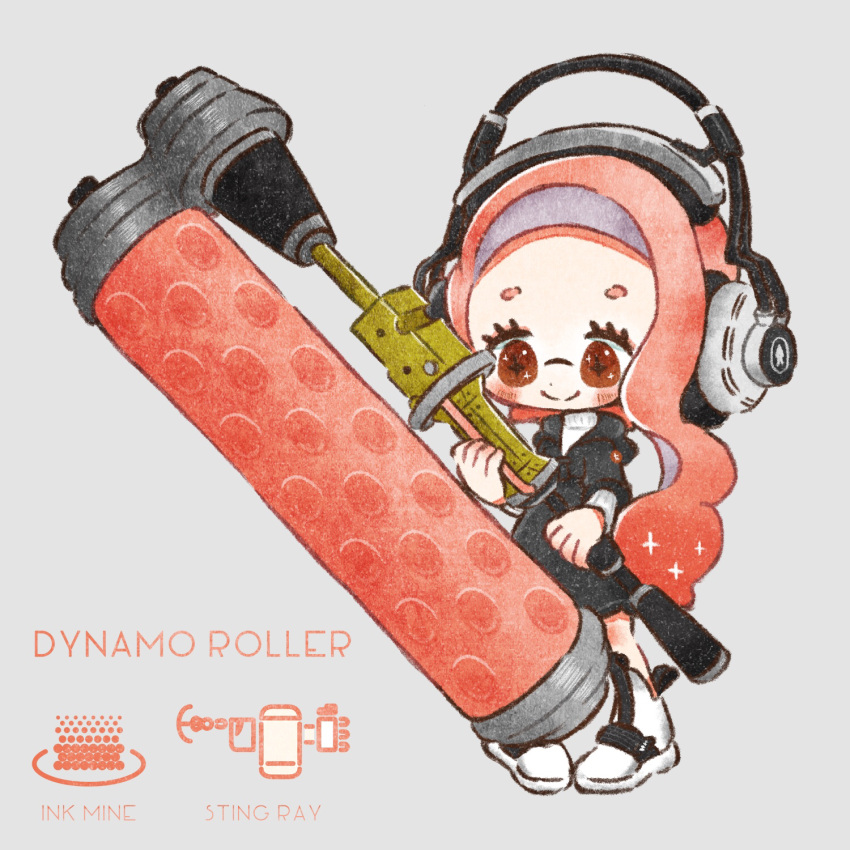 1girl, black_jacket, blush, cross-shaped_pupils, dynamo_roller_(splatoon), eyelashes, grey_background, hairband