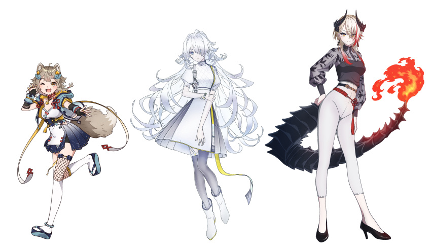 3girls, absurdres, ameniwa_yae, animal_ears, asymmetrical_legwear, dog_ears, dragon_girl, dragon_horns