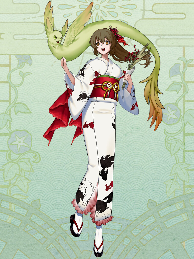 1girl, animal_print, asano_semi, brown_eyes, brown_hair, creature, dairoku_ryouhei, fish_print