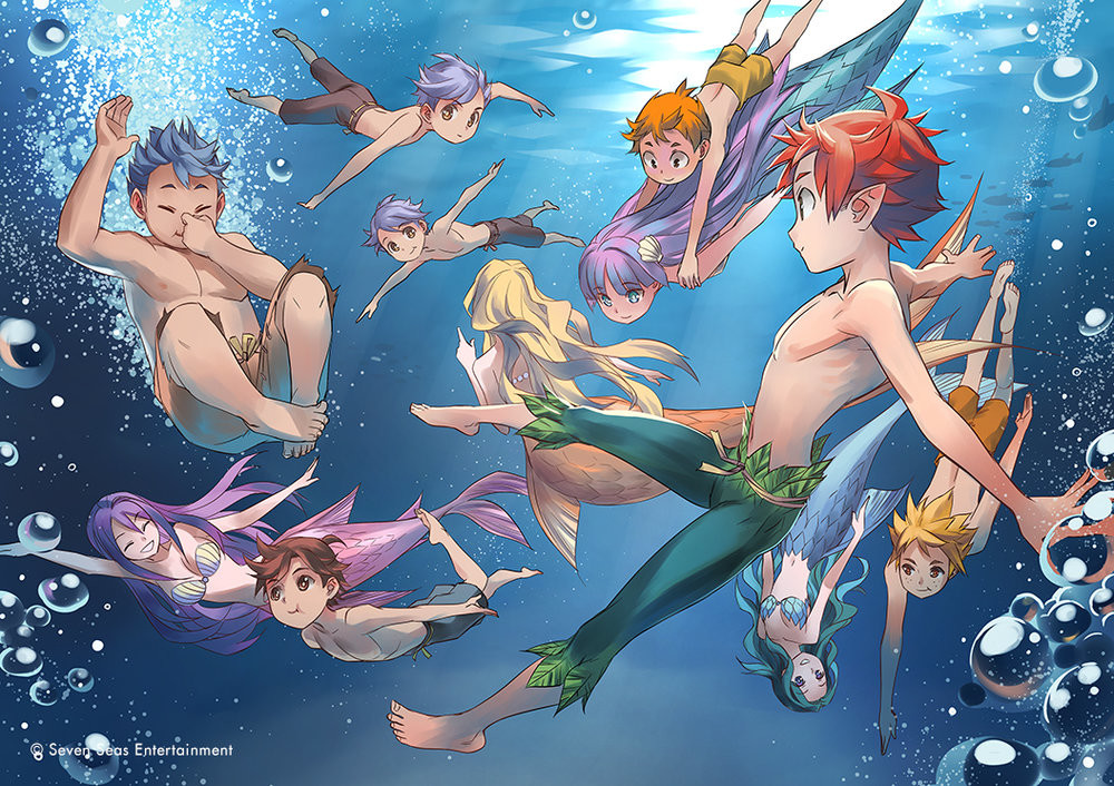 4girls, 6+boys, ahoge, air_bubble, aqua_hair, barefoot, blonde_hair, brown_eyes, bubble, closed_eyes, fins, kriss_sison, long_hair, male_child, male_swimwear, mermaid, monster_girl, multiple_boys, multiple_girls, peter_pan, peter_pan_(character), pointy_ears, purple_hair, scales, shell, shell_bikini, smile, swim_trunks, swimming, tail, topless_male, underwater