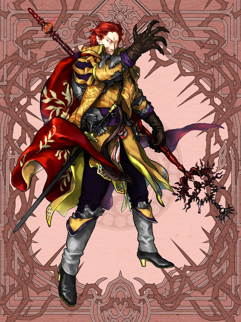 1boy, belt, black_gloves, boots, brown_background, cape, dairoku_ryouhei, full_body