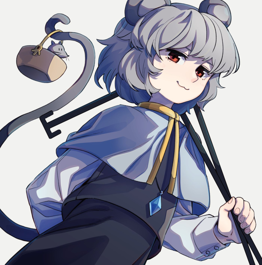 1girl, animal, animal_ears, black_skirt, black_vest, capelet, dowsing_rod, grey_capelet