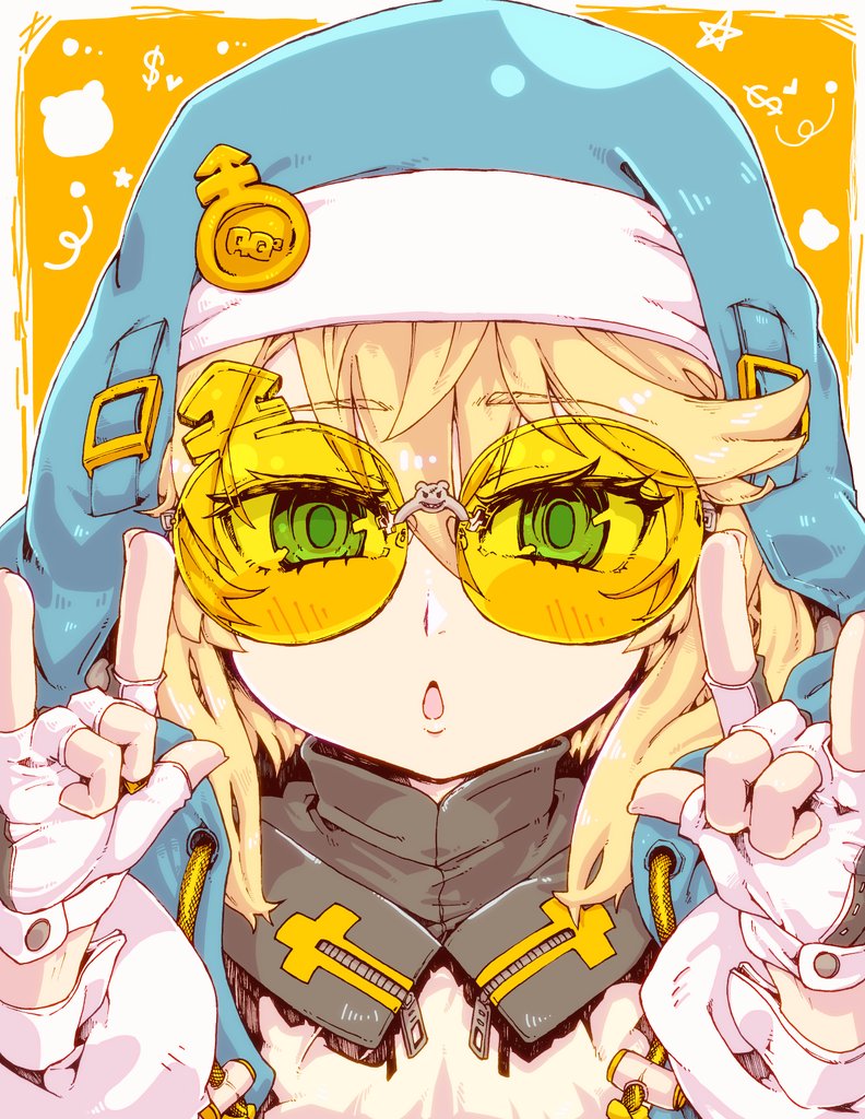 1girl, anba_saa, androgyne_symbol, black_gloves, blonde_hair, bridget_(guilty_gear), female_focus, fingerless_gloves