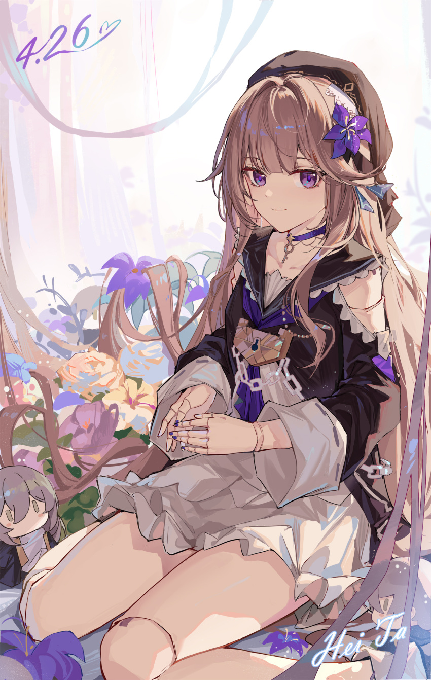 1girl, absurdres, bare_legs, brown_hair, character_name, choker, closed_mouth, dated, doll_joints, dress, female_trailblazer_(honkai:_star_rail), flower, hair_flower, hair_ornament, herta_(honkai:_star_rail), highres, honkai:_star_rail, honkai_(series), jewelry, joints, key_necklace, light_smile, long_hair, long_sleeves, looking_at_viewer, necklace, off_shoulder, purple_choker, sitting, smile, solo, stuffed_toy, thighs, trailblazer_(honkai:_star_rail), violet_eyes, wariza, wide_sleeves, yajuu