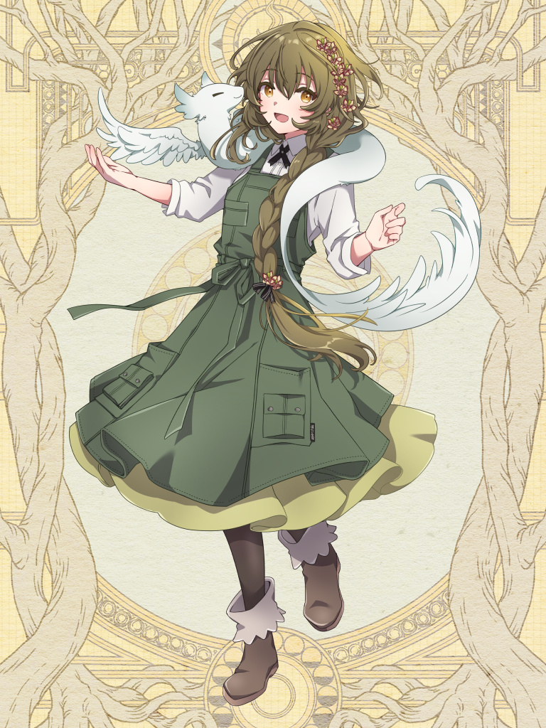 1girl, :d, black_pantyhose, braid, brown_eyes, brown_footwear, brown_hair, creature, dairoku_ryouhei, dress, flower, full_body, green_dress, hair_flower, hair_ornament, long_hair, looking_at_viewer, low-tied_long_hair, pantyhose, pocket, smile, solo, sowa_(tw6), standing, yellow_background