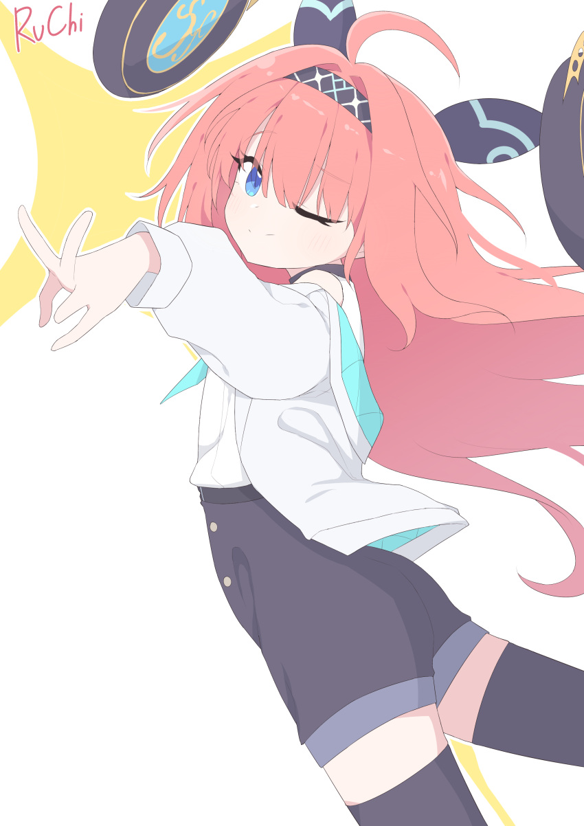 1girl, absurdres, black_shorts, black_thighhighs, blue_eyes, hagoonha, highres, jacket