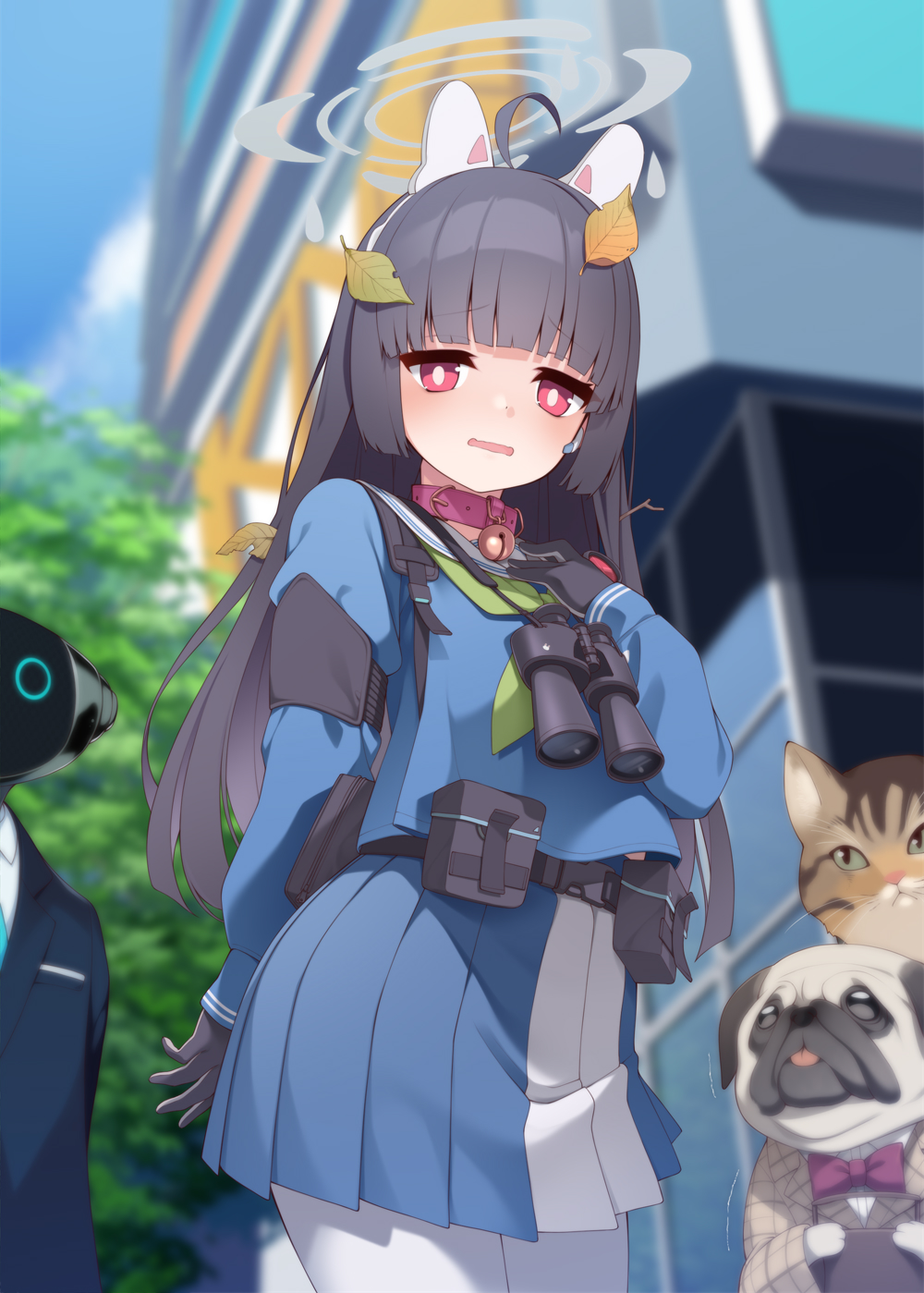 1girl, 3boys, ahoge, android_(blue_archive), animal_ears, armband, bell, belt