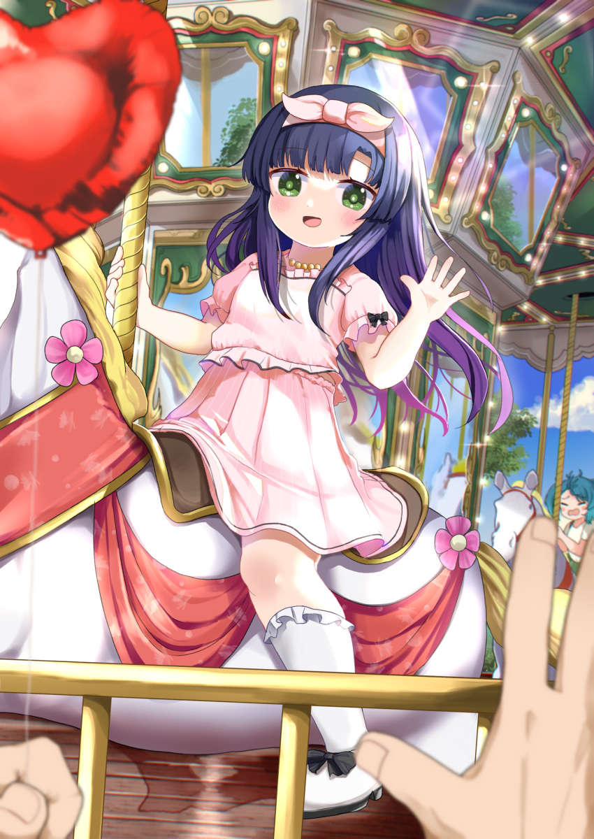 2girls, amusement_park, blue_hair, blush, carousel, day, fukae_(kancolle), gradient_hair