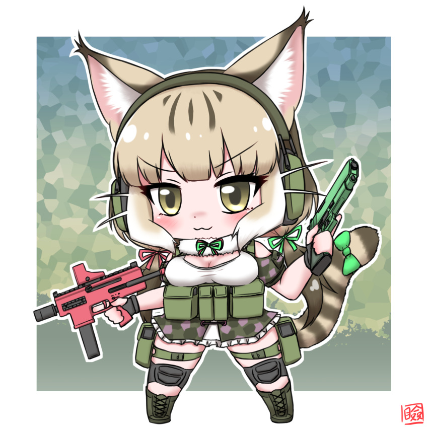 1girl, animal_ears, belt, boots, camouflage, cat_ears, cat_girl, cat_tail