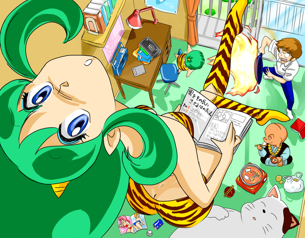 blue_eyes, ghost_(mausuman34), green_hair, horns, lum, moroboshi_ataru, oni, swimsuit