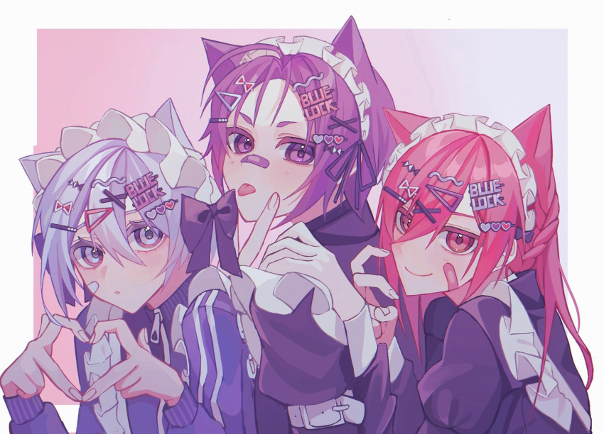 3boys, animal_ears, apron, bandaid, bandaid_on_face, black_shirt, blue_eyes, blue_hair