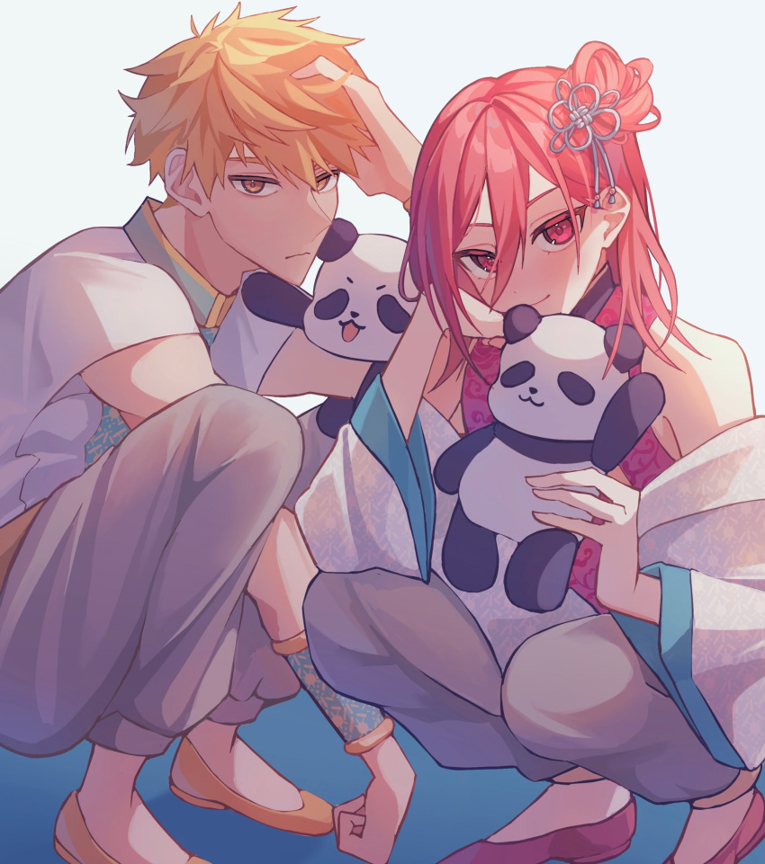 2boys, blue_lock, chigiri_hyoma, chinese_clothes, closed_mouth, full_body, hair_bun, highres, jacket, kagaminoro, kunigami_rensuke, long_hair, long_sleeves, looking_at_viewer, male_focus, multiple_boys, off_shoulder, orange_eyes, orange_hair, pants, red_eyes, red_footwear, redhead, shirt, shoes, short_hair, single_side_bun, sleeveless, sleeveless_shirt, smile, squatting, stuffed_animal, stuffed_toy, white_background, white_jacket, white_pants, white_shirt, wide_sleeves