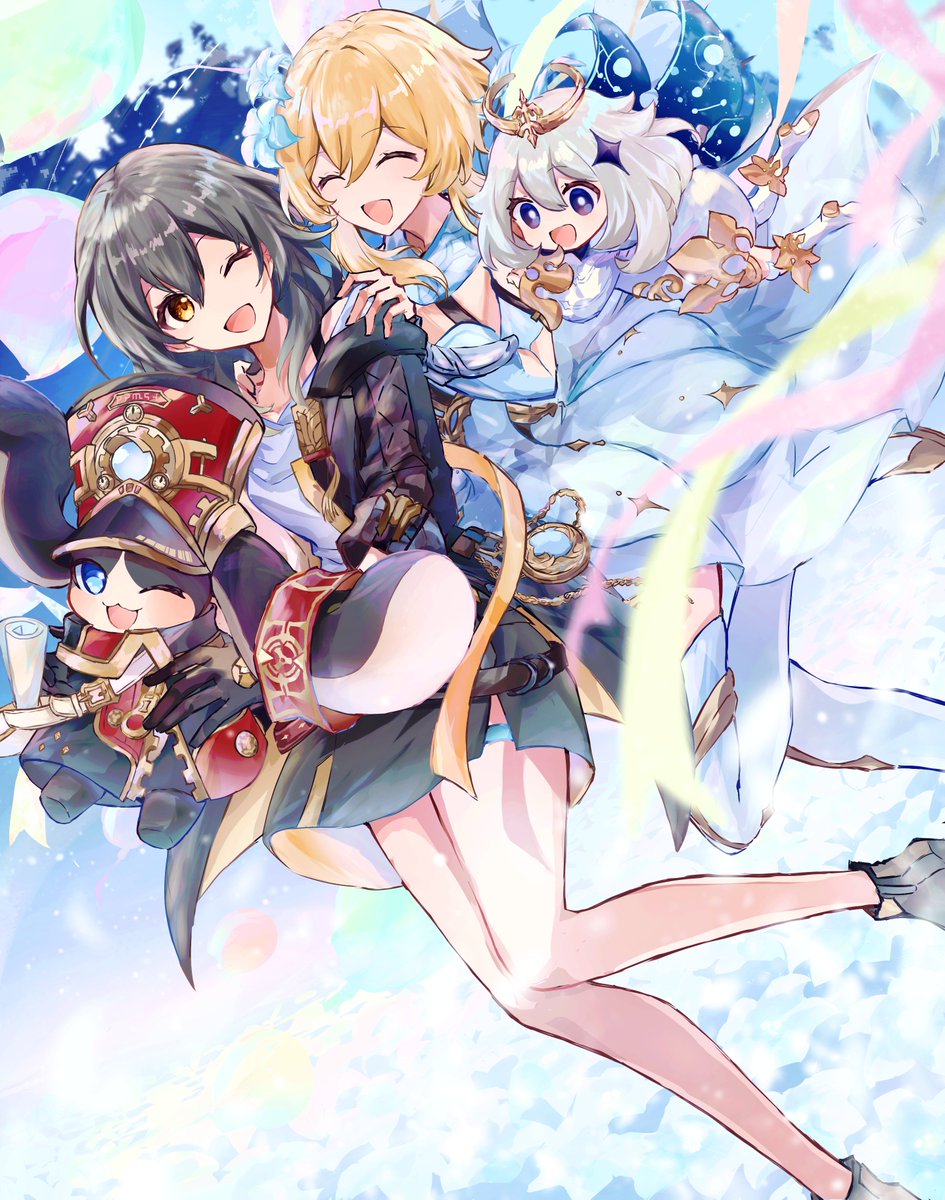 1boy, 3girls, :d, ^_^, bare_legs, belt, black_footwear, black_jacket